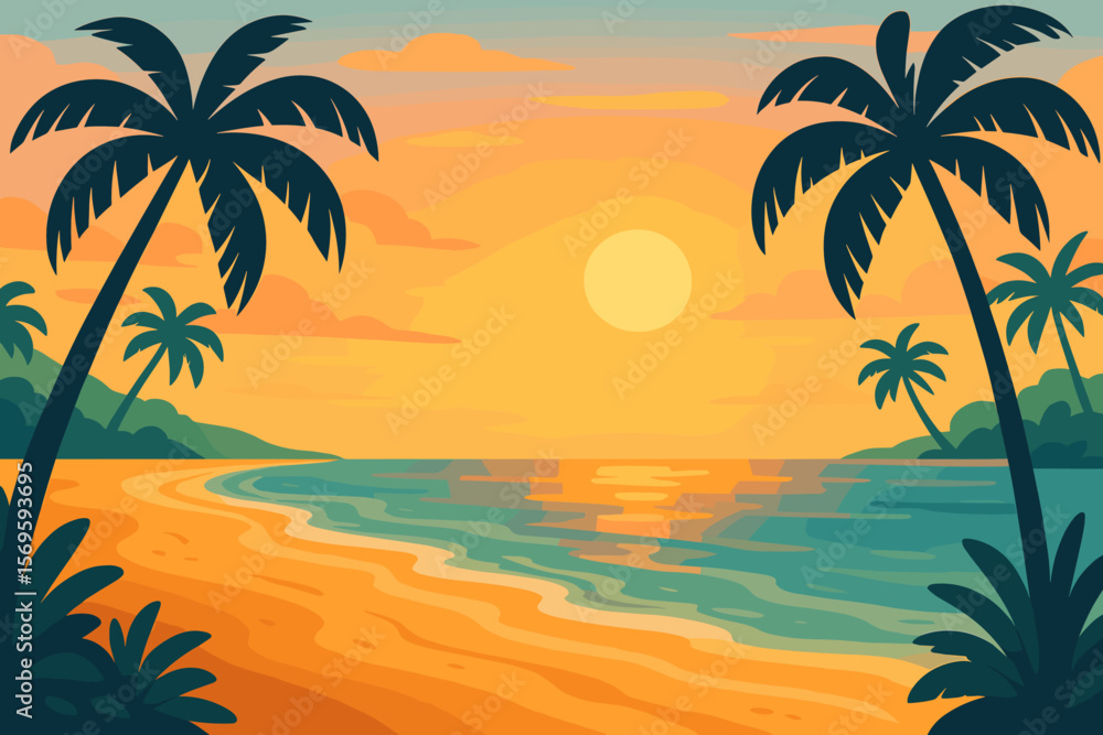Tropical Beach Sunrise Paradise. Palm Trees, Sandy Shore, Calm Ocean Waves, Vibrant Orange Sky, Serene Coastal Landscape, Exotic Island Nature, Summer Vacation, Modern Flat Vector Illustration Tropical Beach Sunrise Paradise. Palm Trees, Sandy Shore, Calm Ocean Waves, Vibrant Orange Sky, Serene Coastal Landscape, Exotic Island Nature, Summer Vacation, Modern Flat Vector Illustration