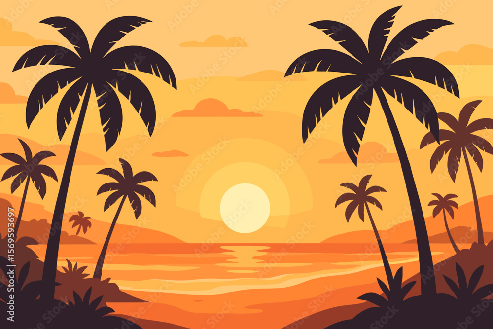 Tropical Beach Sunrise Landscape with Palm Trees, Golden Morning Sky, Seaside Horizon, Calm Ocean, Modern Flat Vector Illustration, Summer Vacation, Exotic Nature, Relaxation Scene Tropical Beach Sunrise Landscape with Palm Trees, Golden Morning Sky, Seaside Horizon, Calm Ocean, Modern Flat Vector Illustration, Summer Vacation, Exotic Nature, Relaxation Scene