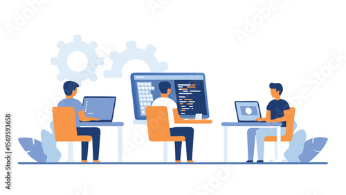 Three programmers working at their desks with laptops and a large monitor showing code, gears in background