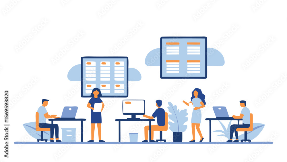 Illustration of people working in an office setting with computers and task boards on the wall space Illustration of people working in an office setting with computers and task boards on the wall space
