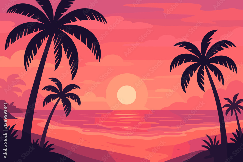 Tropical Paradise Beach Sunset with Palm Trees, Vibrant Pink Sky, Serene Ocean Waves, Sandy Shore, Exotic Vacation, Modern Flat Vector Illustration Tropical Paradise Beach Sunset with Palm Trees, Vibrant Pink Sky, Serene Ocean Waves, Sandy Shore, Exotic Vacation, Modern Flat Vector Illustration