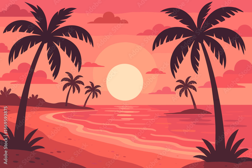 Tropical Beach Sunset with Palm Trees, Pink Sky, Sandy Shore, Ocean Waves, Exotic Island Vacation, Modern Flat Vector Illustration, Summer Paradise Landscape Tropical Beach Sunset with Palm Trees, Pink Sky, Sandy Shore, Ocean Waves, Exotic Island Vacation, Modern Flat Vector Illustration, Summer Paradise Landscape