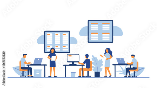 Illustration of people working in an office setting with computers and task boards on the wall space