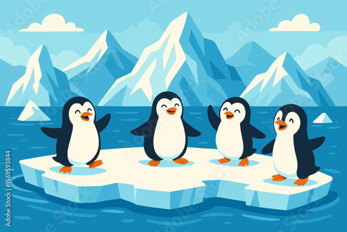 Happy Penguins on Ice Floe, Antarctic Wildlife, Glacier Mountains, Iceberg Landscape, Cute Cartoon Animals, Winter Nature, Vector Illustration, Children’s Postcard, Arctic Scene