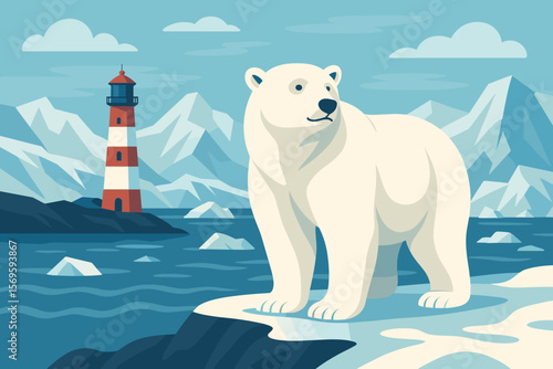 Majestic Polar Bear on Arctic Shore with Red Lighthouse, Snowy Mountains, Icebergs, Frozen Sea, Wildlife Conservation, Climate Change Concept