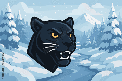 Fierce Panther Head Mascot in Majestic Winter Landscape, Snowy Forest, River, Snowdrifts, Mountains, Snow-Covered Trees, Clouds, Daytime Nature Scene