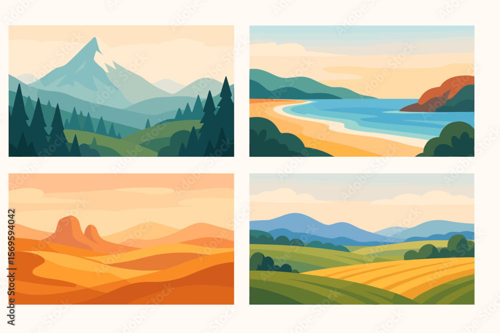 Naklejka premium Abstract Landscape Vector Collection. Flat Style Nature Banners Featuring Mountains, Forests, Hills, Beaches, Desert, Meadows, Fields. Scenic Outdoor Backgrounds, Minimalist Design