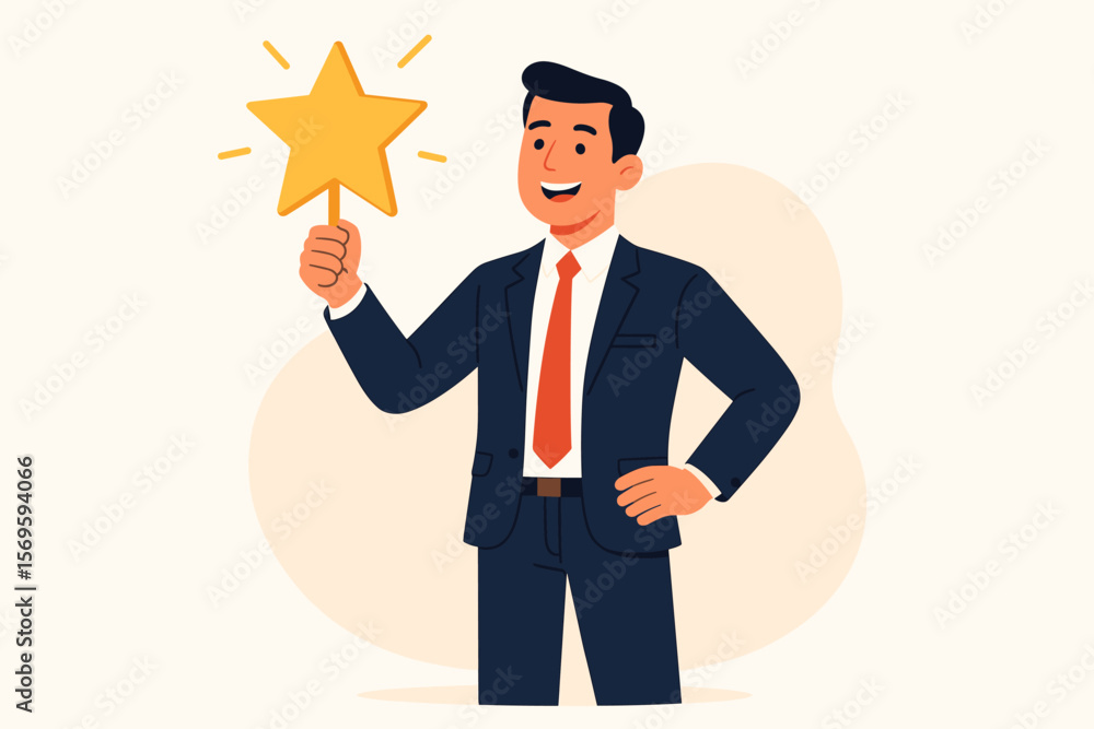 Confident Businessman Holding Star, Award Winner, High Performance Employee, Leadership Success, Achievement Recognition, Quality Staff Evaluation, Excellence Concept Illustration Confident Businessman Holding Star, Award Winner, High Performance Employee, Leadership Success, Achievement Recognition, Quality Staff Evaluation, Excellence Concept Illustration