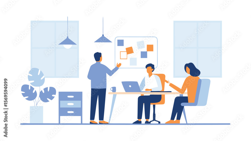 Obraz premium Illustration of a business meeting with three people and a presentation board in an office setting