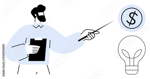 Wallpaper Mural Man with clipboard pointing at dollar symbol and lightbulb, representing leadership, finance, innovation, entrepreneurship, training, education, idea generation. Ideal for concepts of teamwork Torontodigital.ca