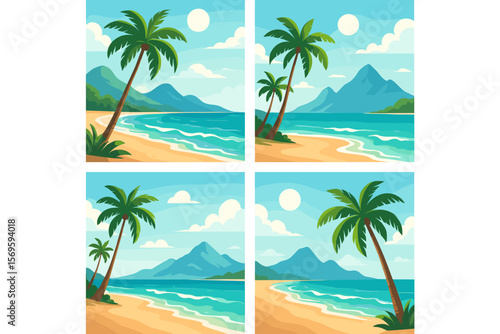Tropical Paradise Beach Landscape Collection. Sandy Shoreline, Palm Trees, Ocean Waves, Distant Mountains, Sunny Sky, Editable Vertical Vector Set