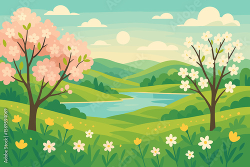Spring Landscape Vector Illustration. Blooming Cherry Blossom and Apple Trees, Wildflowers, Green Rolling Hills, Blue Lake, Sunny Sky, Nature Scenery, Modern Flat Art