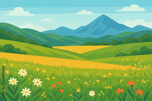 Summer Flowering Meadows and Fields, Wildflowers, Rolling Green Hills, Yellow Pastures, Blue Mountains, Scenic Nature Landscape, Sunny Day, Vector Illustration