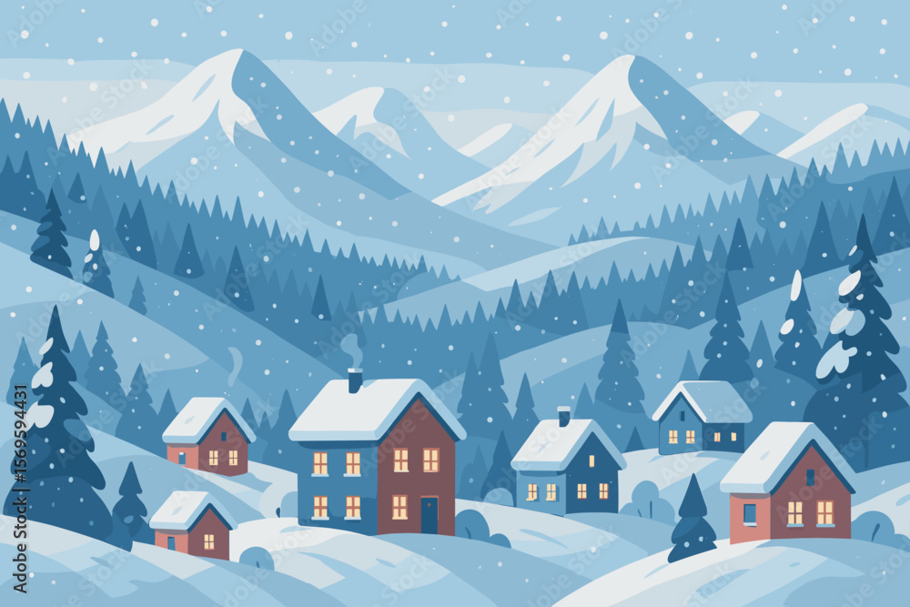 Naklejka premium Winter Village Ski Resort Landscape. Snowy Mountain Scenery with Cozy Houses, Pine Forest, Snowfall, Hills, Warm Lights. Peaceful Winter Nature, Holiday Destination, Modern Flat Illustration