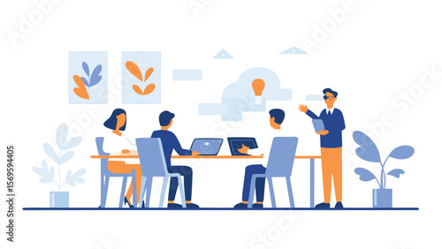 Illustration of a business meeting with people sitting around a table with laptops and presentation