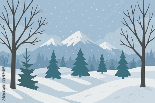 Winter Landscape with Bare Trees, Snowdrifts, Spruce and Pine Forest, Snowy Mountains, Falling Snow, Peaceful Nature Scene, Seasonal Illustration, Frosty Weather, Tranquil Outdoor Scenery