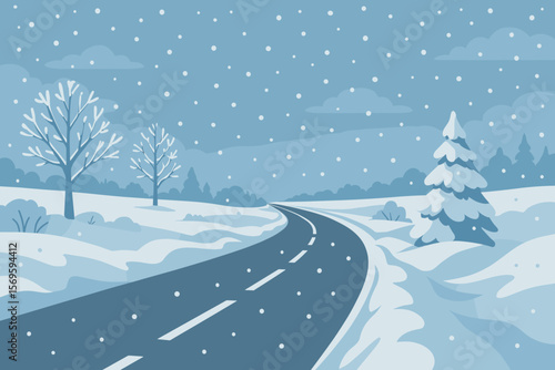 Winter Road in Rural Landscape, Snowfall, Snow-Covered Highway, Curved Asphalt Track, Bare Trees, Pine, Countryside, Scenic Winter Weather, Flat Vector Illustration