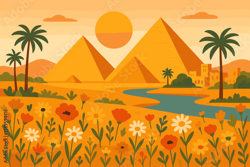 Egyptian Pyramids and Nile River at Sunset, Summer Floral Field, Ancient City, Palm Trees, Wildflowers, Scenic Landscape, Travel Destination, Vector Illustration