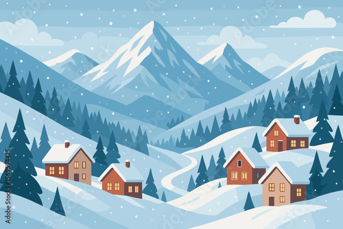 Winter Mountain Village Landscape. Snowy Ski Resort Scene with Cozy Houses, Pine Forest, Majestic Mountains, Hills, Snowfall, Peaceful Nature, Modern Flat Illustration