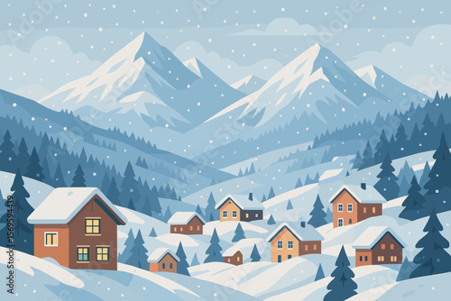 Winter Mountain Village Resort Scene. Snowy Landscape with Cozy Wooden Houses, Pine Forest, Majestic Snow-Capped Mountains, Rolling Hills, Peaceful Winter Weather, Modern Flat Illustration