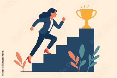 Ambitious Businesswoman Climbing Stairs to Success, Career Growth Motivation, Achieving Goals, Professional Woman Running Up Steps, Ambition, Leadership, Achievement Concept
