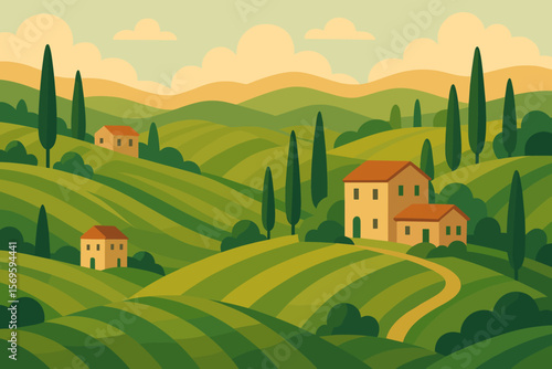 Tuscany Italy rural landscape with green hills, fields, and farm houses. Abstract summer nature view with cypress trees. Beautiful Italian village. Modern flat vector.