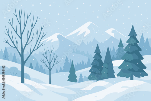 Winter Mountain Landscape with Snowdrifts, Bare Trees, Spruce and Pine Forest, Snowfall, Scenic Snowy Hills, Peaceful Nature Illustration