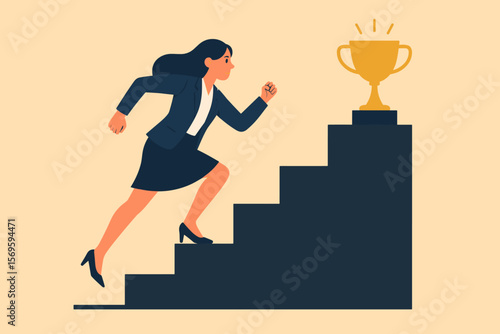 Ambitious Businesswoman Climbing Stairs to Success, Career Growth Motivation, Achieving Goals, Professional Woman Running Up Steps, Ambition, Leadership, Achievement Concept