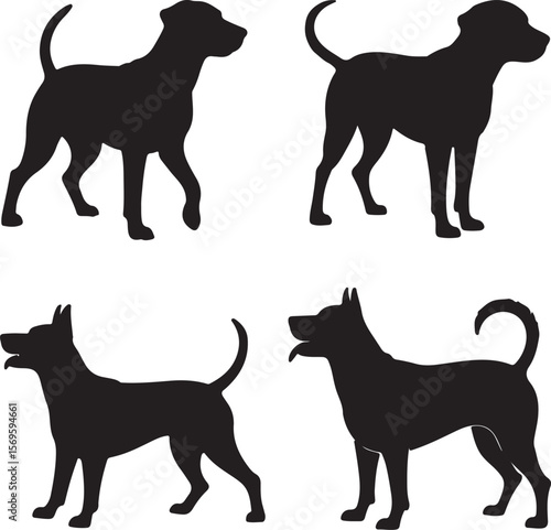 Four canine silhouettes in various poses black white