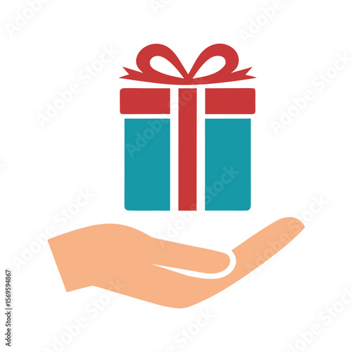 Hand holding a gift box with red ribbon present