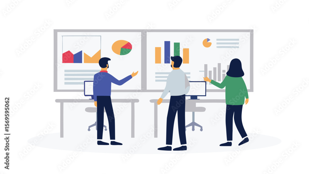 People presenting data charts on whiteboards in an office setting with computers and office chairs People presenting data charts on whiteboards in an office setting with computers and office chairs