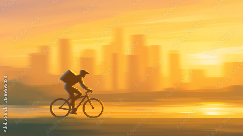Fototapeta premium Cyclist rides past city skyline illuminated by warm sunset glow. Urban landscape enhances sense of motion and adventure. Concept of delivery service, urban commuting, logistics