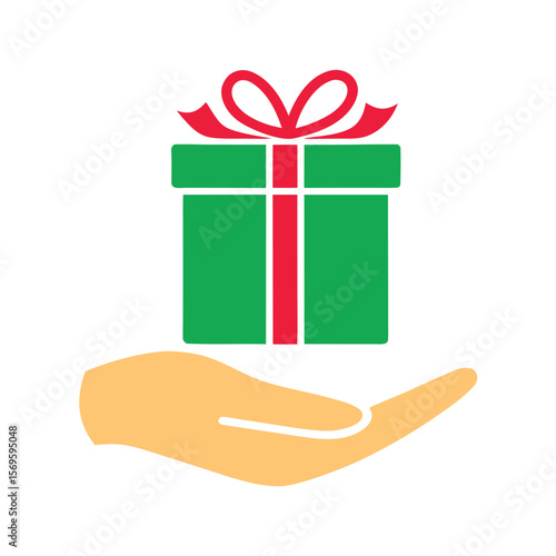 Green gift box with red ribbon held by open hand present