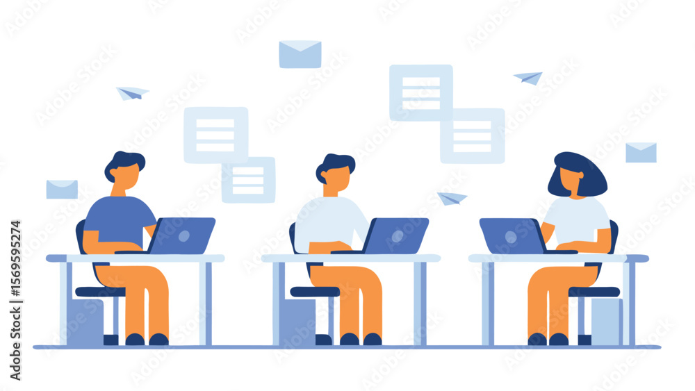 Illustration of three people working on laptops at desks with paper airplanes and messages floating around them Illustration of three people working on laptops at desks with paper airplanes and messages floating around them