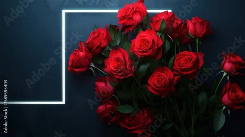 Red rose flower bouquet with green leaves on dark background glowing white neon light line creating romantic elegant atmosphere and mood perfect for romantic floral decoration and gift ideas