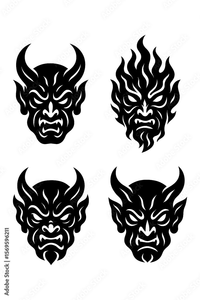 Tribal Demon Face Tattoo Collection - Dark Abstract Monster Mask Silhouettes with Sharp Lines and Fierce Expressions, Evil Ink Art Style with Transparent Background Tribal Demon Face Tattoo Collection - Dark Abstract Monster Mask Silhouettes with Sharp Lines and Fierce Expressions, Evil Ink Art Style with Transparent Background