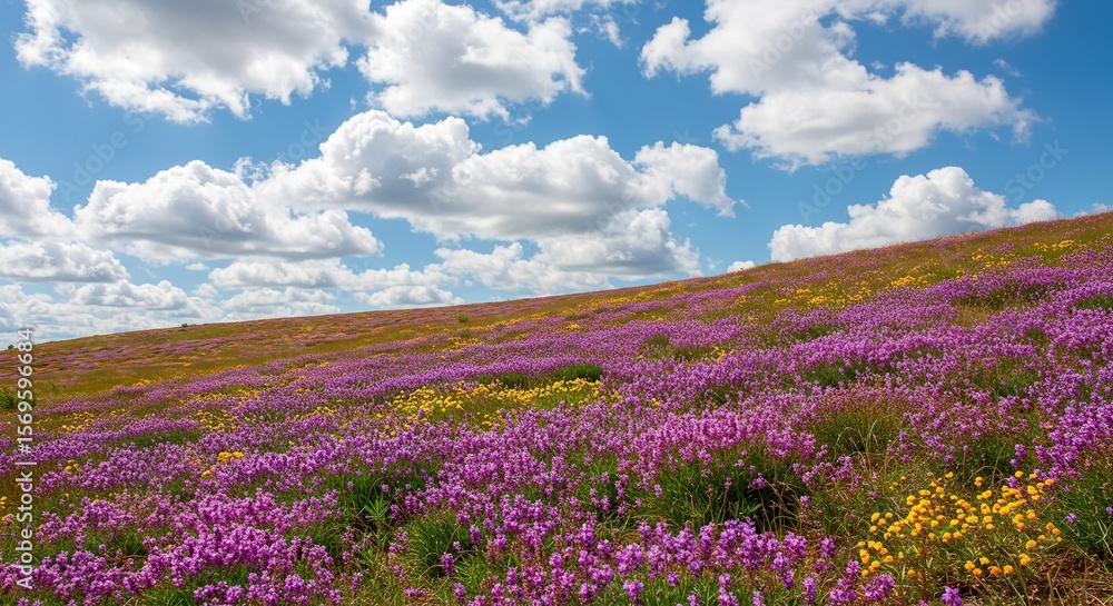 Vibrant Wildflower Meadow Under a Bright Blue Sky with Fluffy White Clouds Vibrant Wildflower Meadow Under a Bright Blue Sky with Fluffy White Clouds