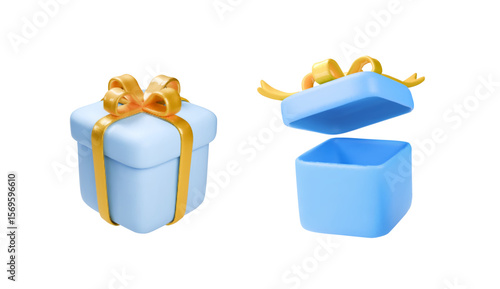 3d realistic vector icon of blue gift box. Opened and closed gift boxes Set of white gift boxes with yellow golden ribbons bow. Present box isolated on white background.