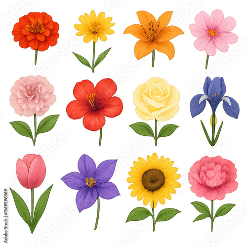 Floral Symphony: A vibrant collection of diverse flowers in full bloom. Each blossom, meticulously detailed in a photorealistic style, showcasing the intricate beauty of nature's palette.