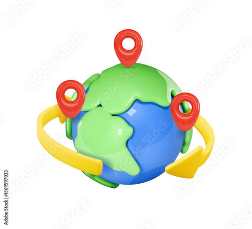 Delivery tracking icon. 3D earth globe with pinpoints online deliver service, pin location point marker of shipment map 3d. Shipping , logistic on world map .