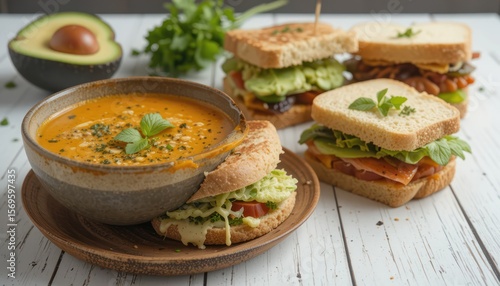 A delicious and healthy vegetarian vegetable soup with bread and mushrooms is served on a plate as a light meal