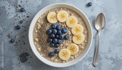 A delicious and healthy breakfast bowl of fresh fruit cereal with blueberries, milk, and granola