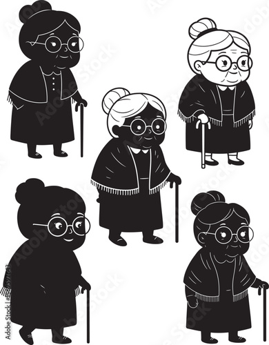 Grandma Walking With Cane Stick Cartoon silhouette