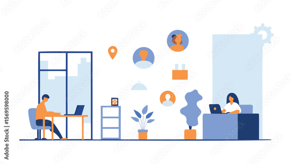 Illustration of two people working on laptops in an office with abstract icons and decorations Illustration of two people working on laptops in an office with abstract icons and decorations