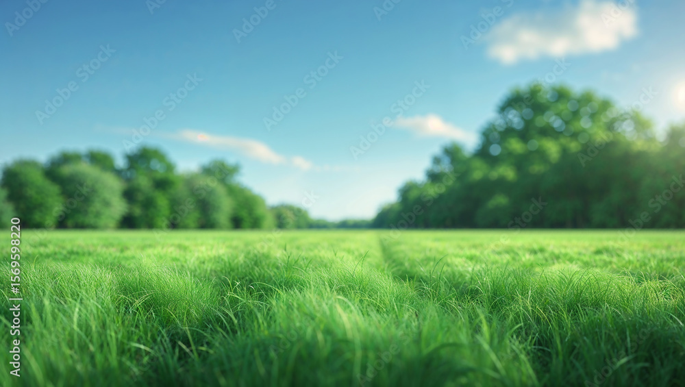 Fototapeta premium Lush green meadow under clear blue sky