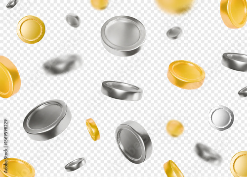 Gold and silver falling down coins realistic. Coins rain. Gambling game, casino 3d golden cash on transparent background. Background for jackpot win. Cash fall. Vector illustration