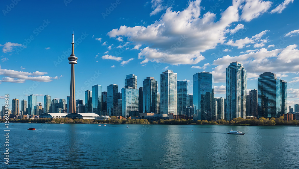 Obraz premium Modern metropolis rises across the water under a cloudy blue sky