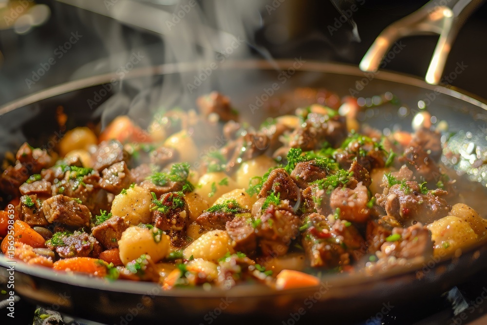 Delicious meat and potatoes with herbs simmering in a hot pan, creating appetizing steam Delicious meat and potatoes with herbs simmering in a hot pan, creating appetizing steam