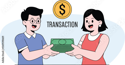 Cartoon illustration of a money transaction between a man and a woman with a coin above them