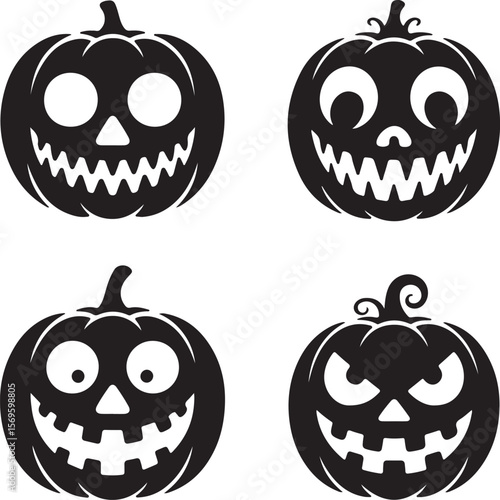 Four black Halloween pumpkin silhouettes with carved faces pumpkins jack o lantern